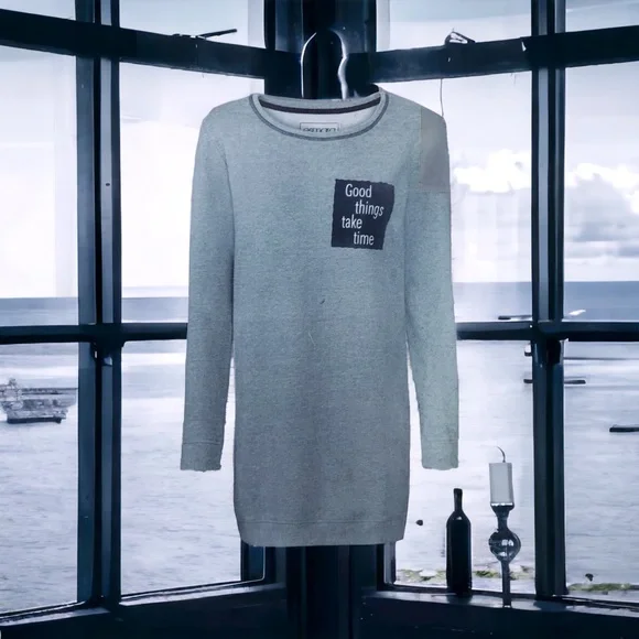 $10 “Good Things Take Time” Sweatshirt Nightshirt Sweater Dress Gray Soft Jersey - Picture 4 of 4